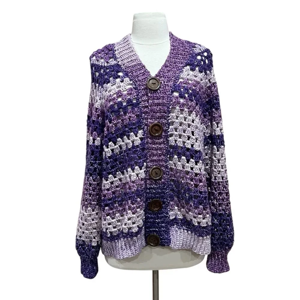Purple Crochet Hand Knit Hooded Cardigan Size Large